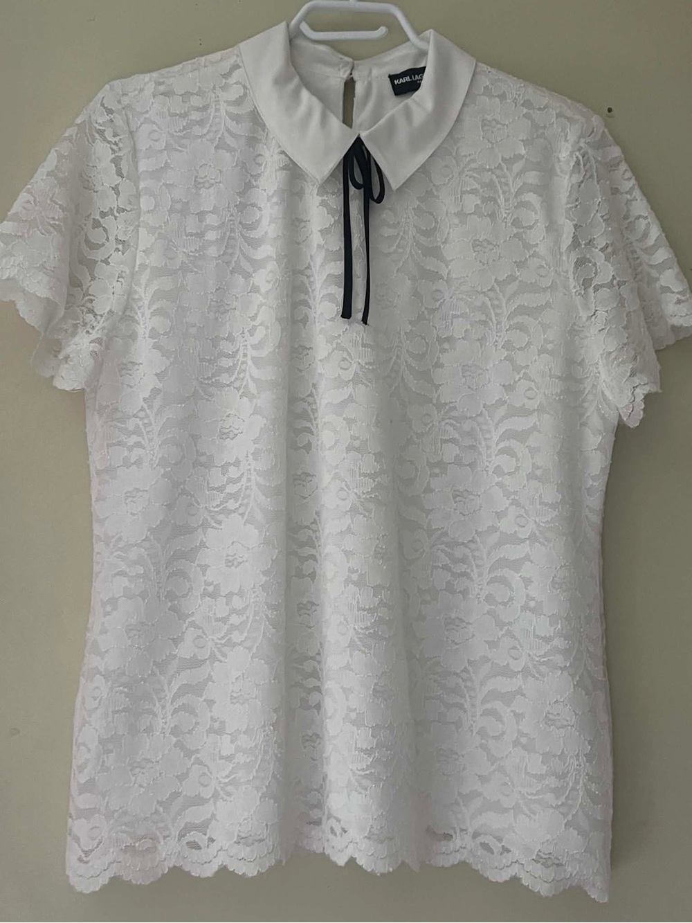 Karl Lagerfeld White Lace Short-Sleeve Blouse with Black Ribbon